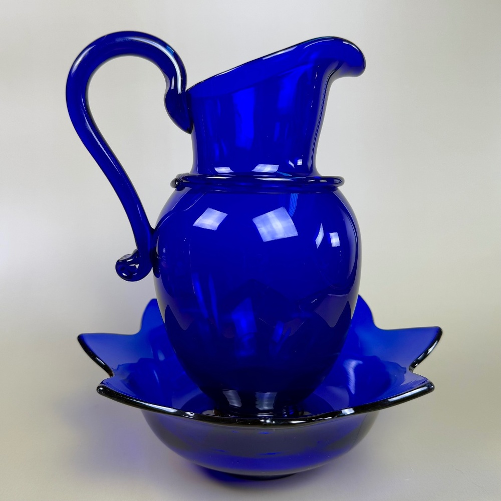 Vintage Cobalt Blue Glass Pitcher & Ruffled Bowl Set | Hand Blown Art Glass